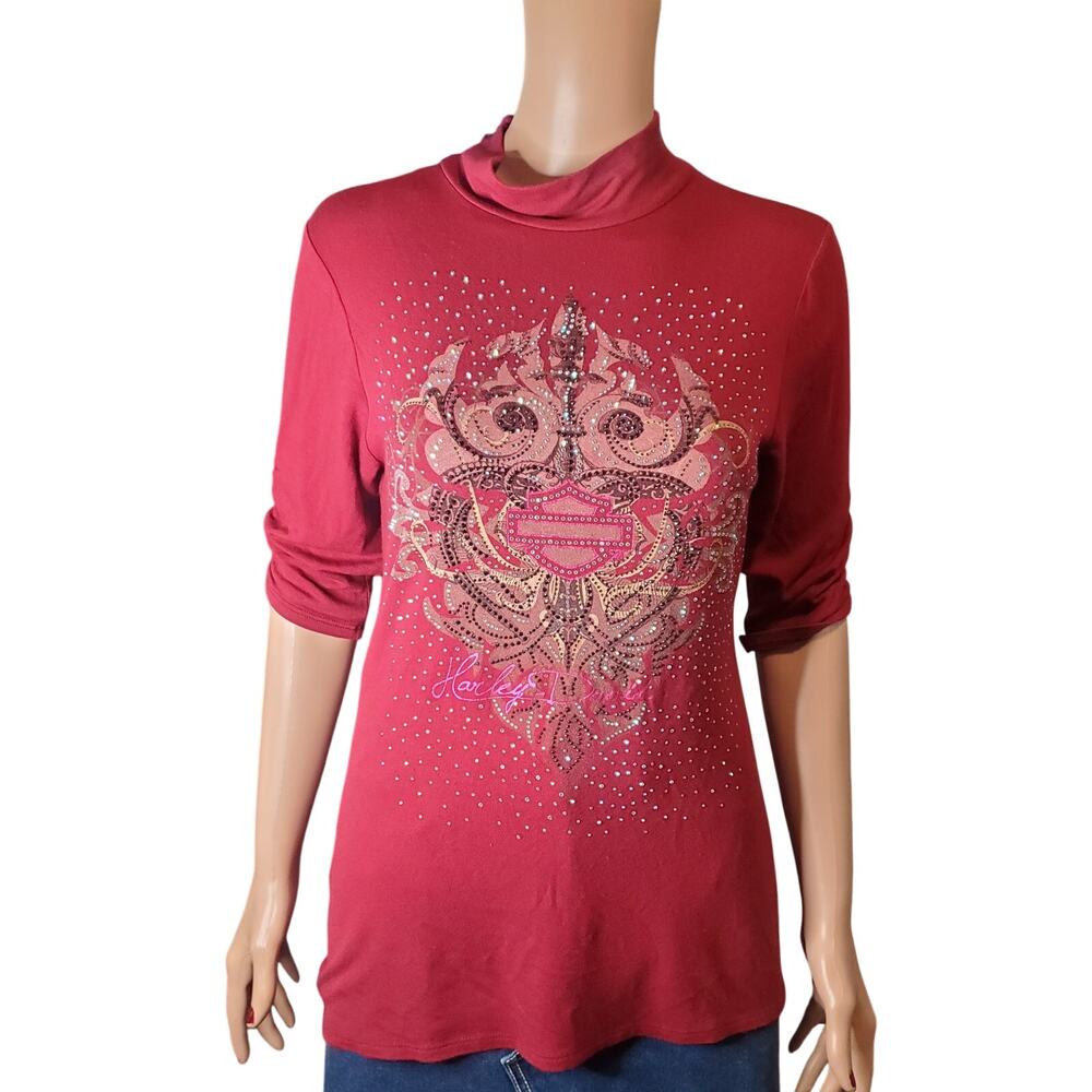 Harley-Davidson Burgundy Rhinestone Mock Neck Open Back Top  Size S
